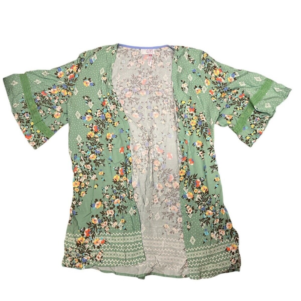 435 by Matilda Jane Kimono Girls Size 12 Green Floral Good Boho Lace Trim Open‎
